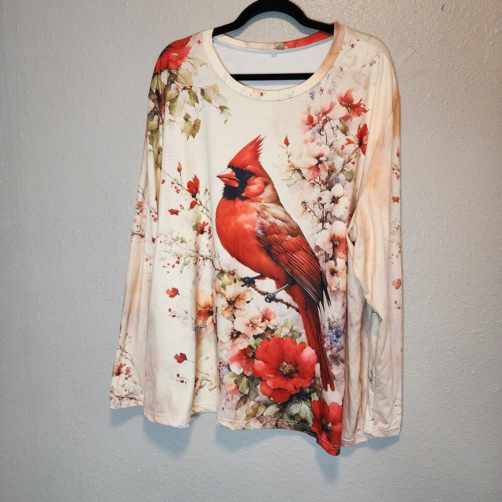 Red Cardinal Floral Graphic Long Sleeve Top - Size 3XL